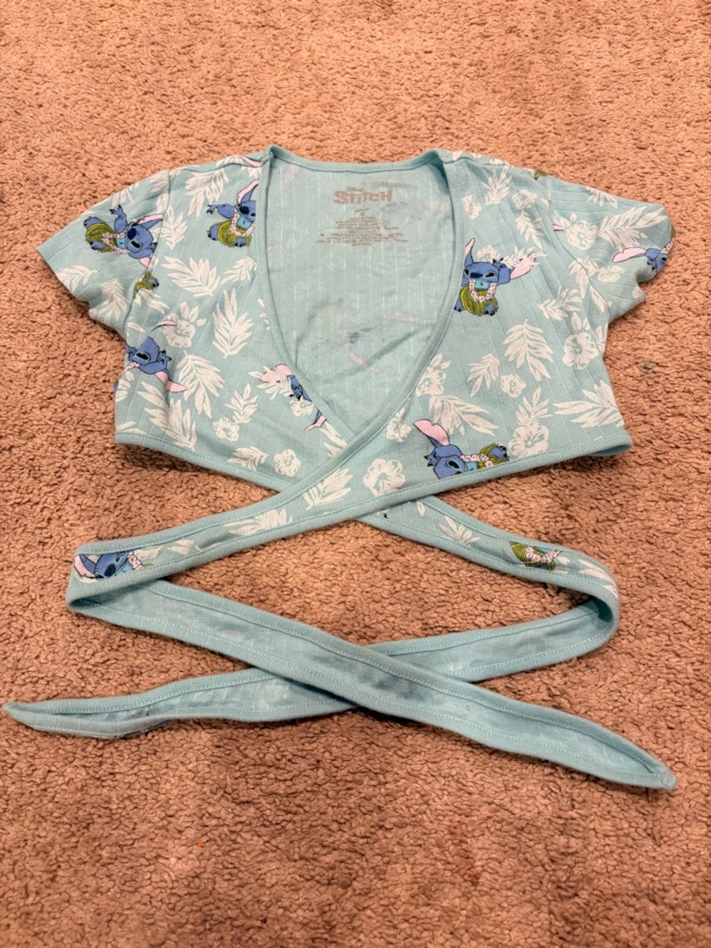 Disney Light Aqua Stitch Wrap Crop Top with Floral Print